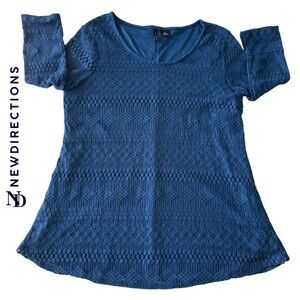 New Directions Teal Crochet Knit Boho Top Size L Tunic Blouse 3/4 Sleeves Flared